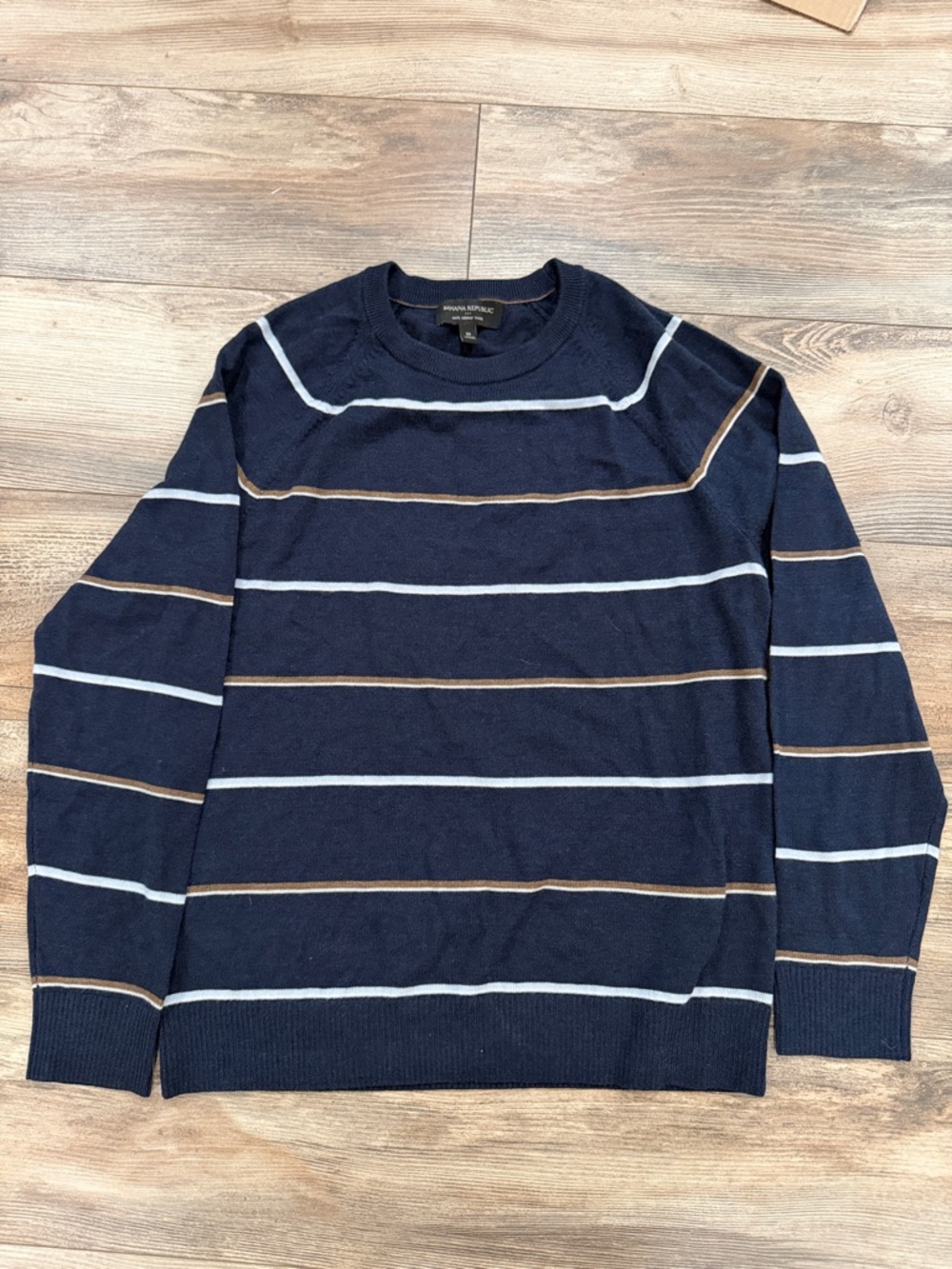 Banana‎ Republic Navy Crewneck Sweater with White and Tan Stripes